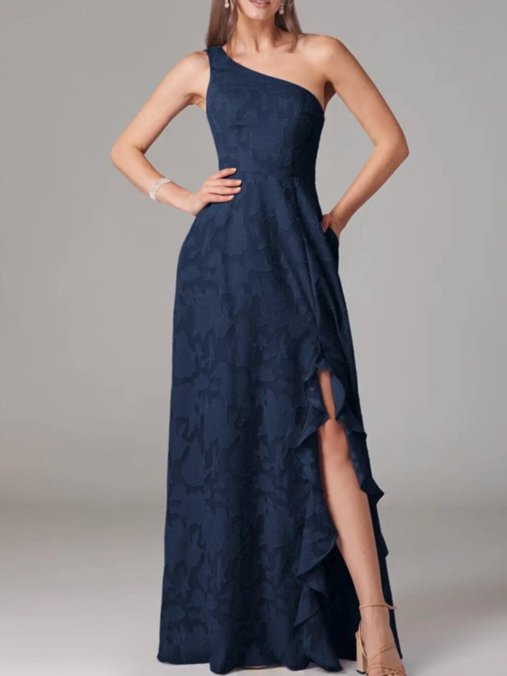 Azazie Ellianna Dark Navy One Shoulder Floral NEW Bridesmaid Dress Size 26